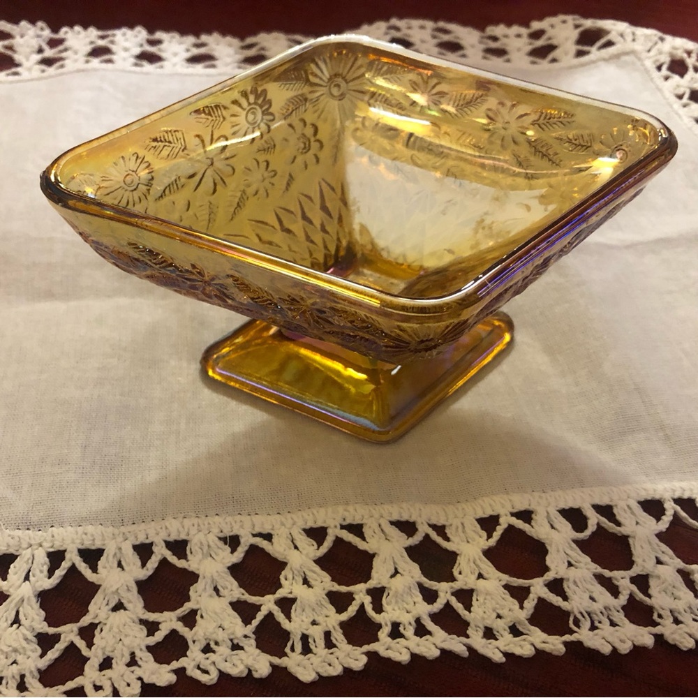 Amber Iridescent Glass Pedestal Bowl - Home Art